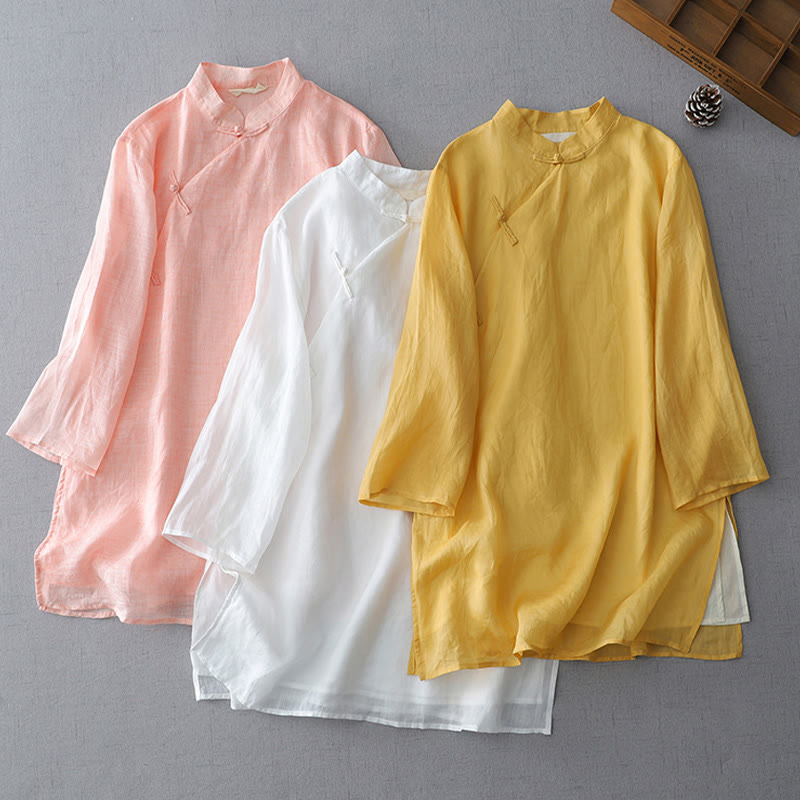 Buddha Stones Solid Color Frog-Button Three Quarter Sleeve Double Layer Cotton Linen Shirt - image 1