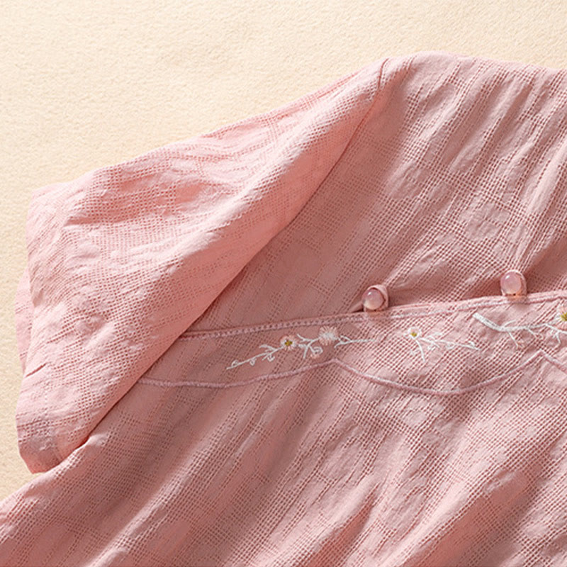 Buddha Stones Plum Blossom Embroidery Frog-Button Short Sleeve Cotton Linen Shirt - image 5