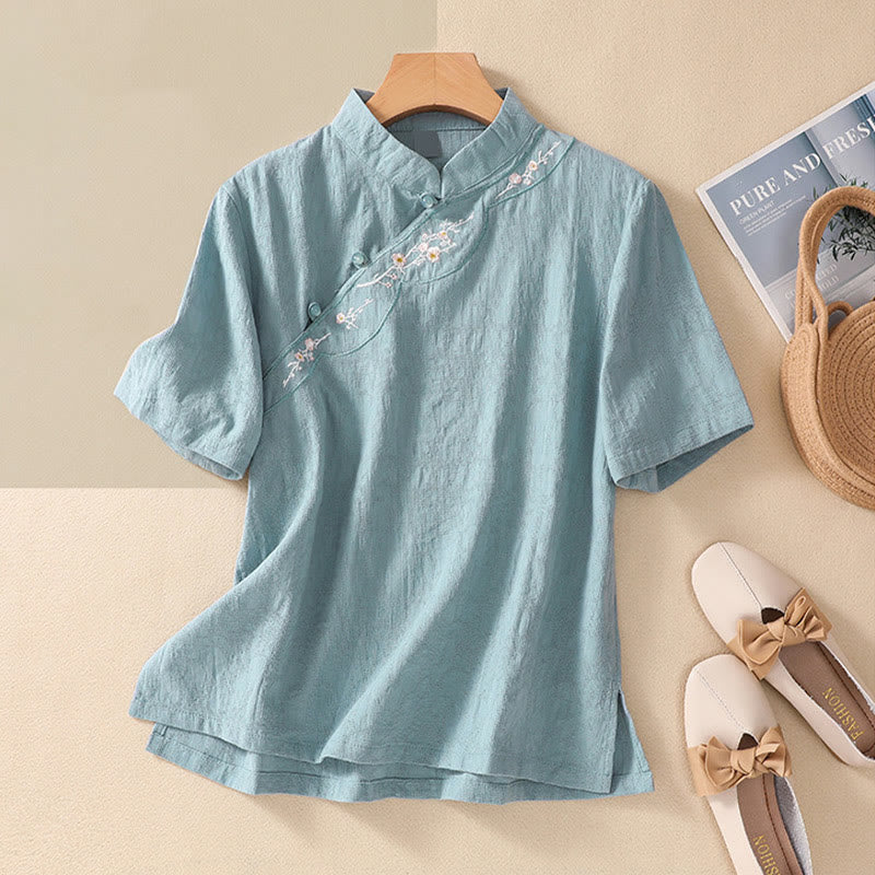 Buddha Stones Plum Blossom Embroidery Frog-Button Short Sleeve Cotton Linen Shirt - Turquoise - 2XL(Fit for US8-10; UK/AU12-14; EU40-42) - image 18