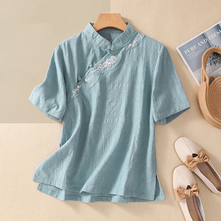 Buddha Stones Plum Blossom Embroidery Frog-Button Short Sleeve Cotton Linen Shirt - Turquoise - 2XL(Fit for US8-10; UK/AU12-14; EU40-42) - image 18