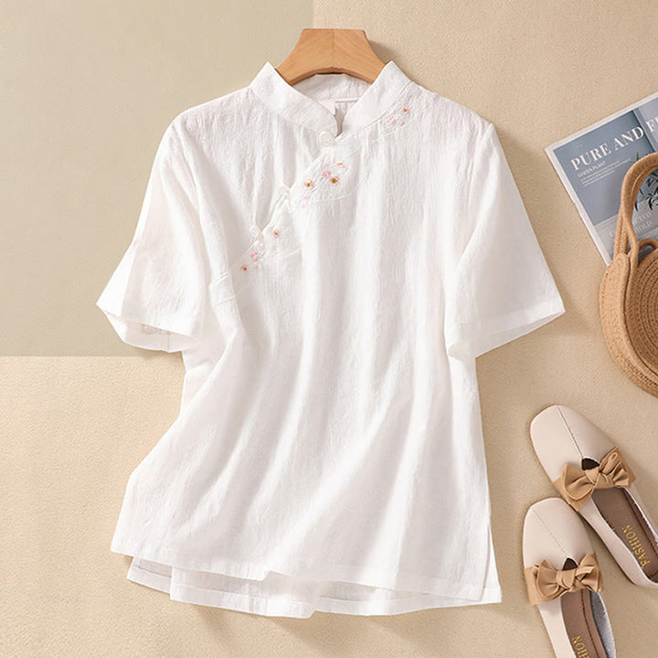 Buddha Stones Plum Blossom Embroidery Frog-Button Short Sleeve Cotton Linen Shirt - White - 2XL(Fit for US8-10; UK/AU12-14; EU40-42) - image 24