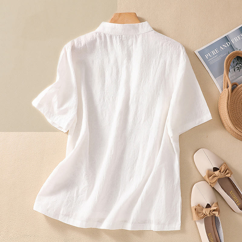 Buddha Stones Plum Blossom Embroidery Frog-Button Short Sleeve Cotton Linen Shirt - image 25