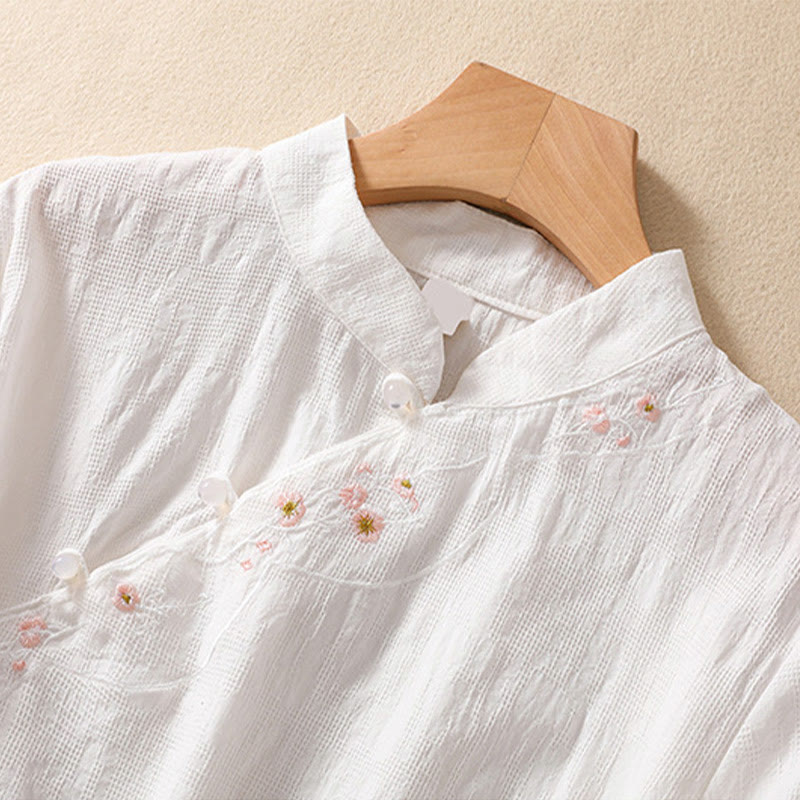 Buddha Stones Plum Blossom Embroidery Frog-Button Short Sleeve Cotton Linen Shirt - image 26