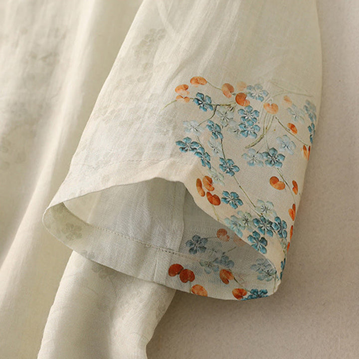 Buddha Stones Blue Flowers Orange Leaves Frog-Button Three Quarter Sleeve Cotton Linen Shirt - image 9