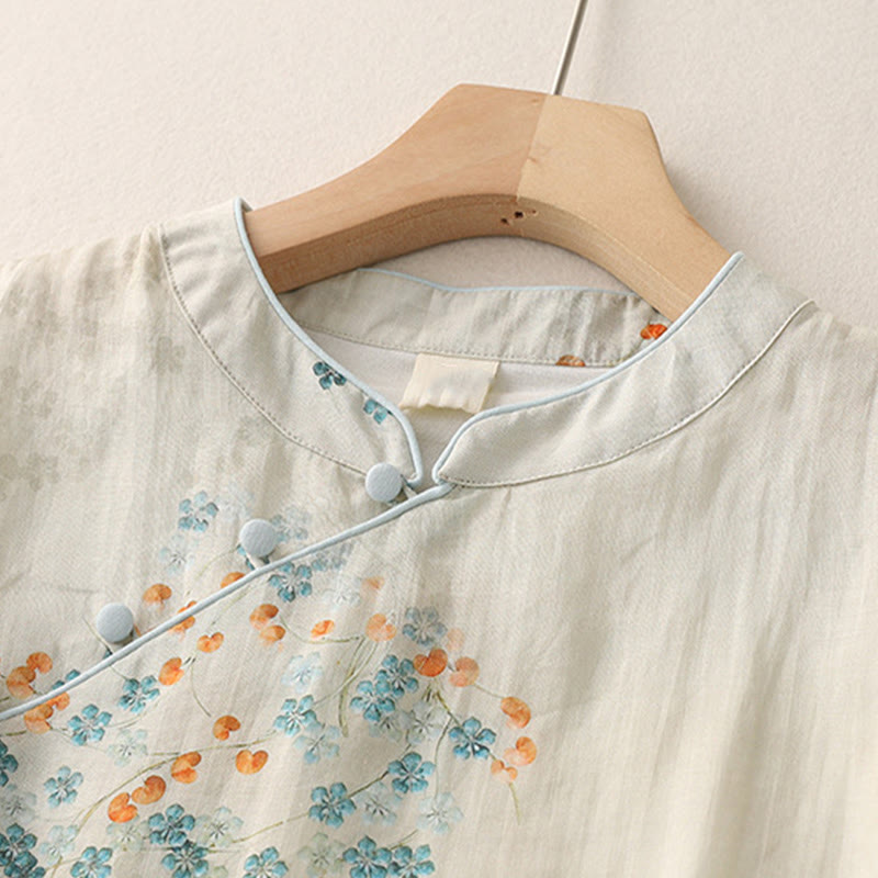 Buddha Stones Blue Flowers Orange Leaves Frog-Button Three Quarter Sleeve Cotton Linen Shirt - image 2