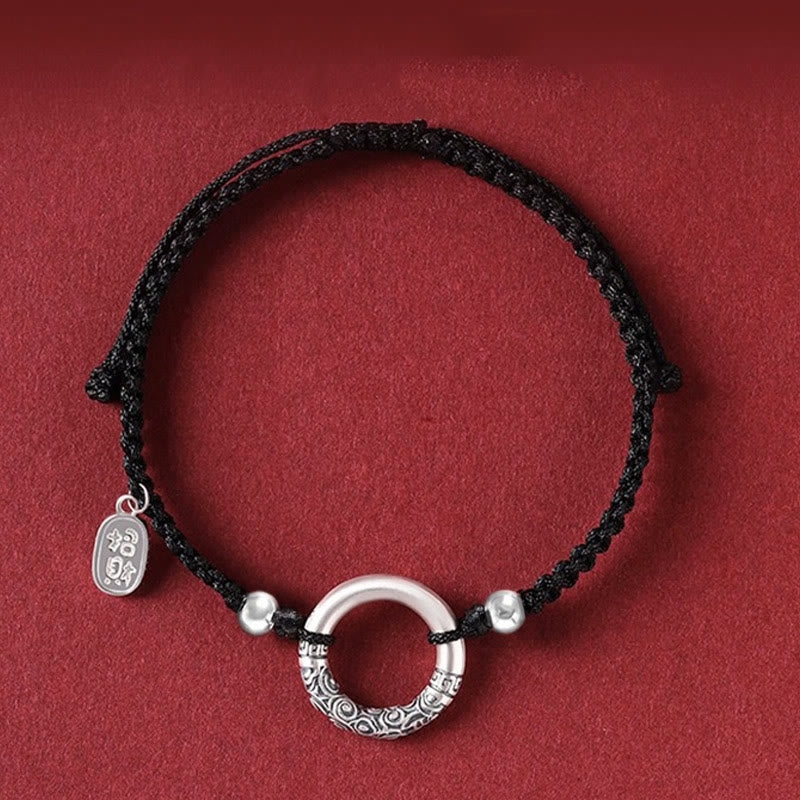 Buddha Stones 925 Sterling Silver Black Onyx Peace Buckle Fu Character Charm Bracelet - Peace Buckle&Silver Beads Attract Fortune Charm(Wrist Circumference 14-26cm) - image 1