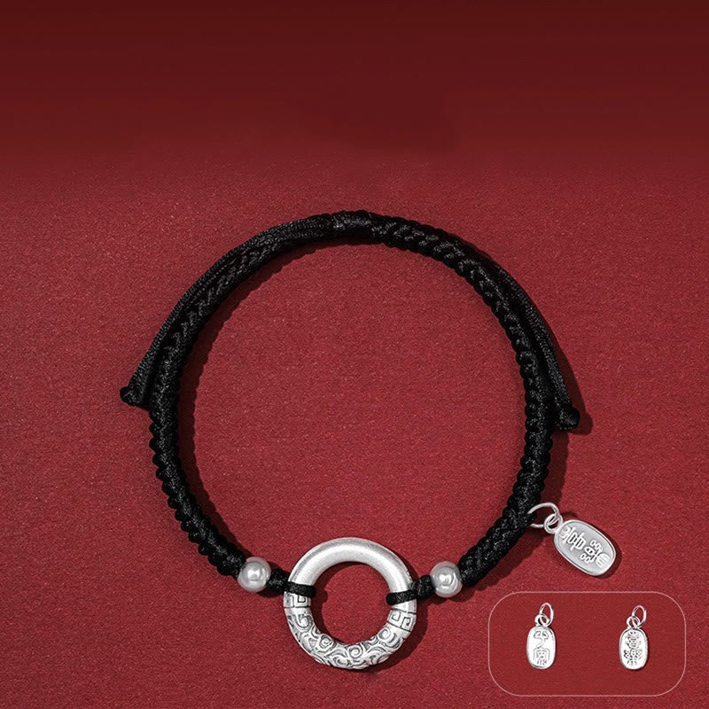 Buddha Stones 925 Sterling Silver Black Onyx Peace Buckle Fu Character Charm Bracelet - Peace Buckle&Silver Beads Peace And Joy Charm(Wrist Circumference 14-26cm) - image 9