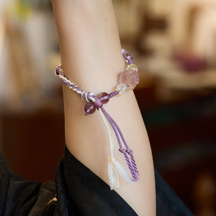 Buddha Stones Natural Fluorite Amethyst Silver Sheen Obsidian Tiger's Eye Protection Rope Bracelet