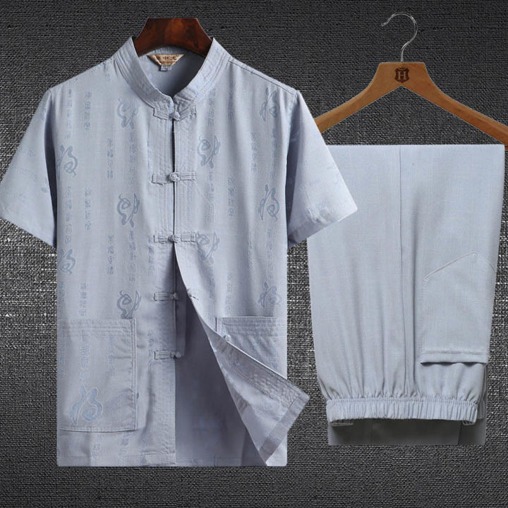 Buddha Stones 2Pcs Frog-Button Fu Character Dragon Bamboo Leaf Short Sleeve Shirt Pants Men's Set - LightBlue - Fu Character - US/UK/AU46，EU56 (4XL) - image 0