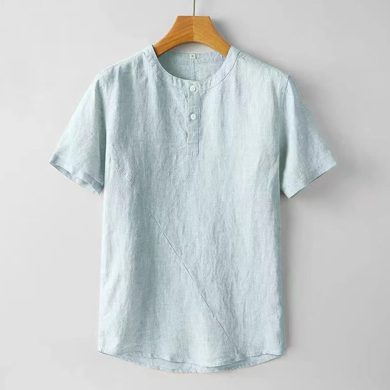 Buddha Stones Summer Men's Solid Color Button Short Sleeve Linen Shirt