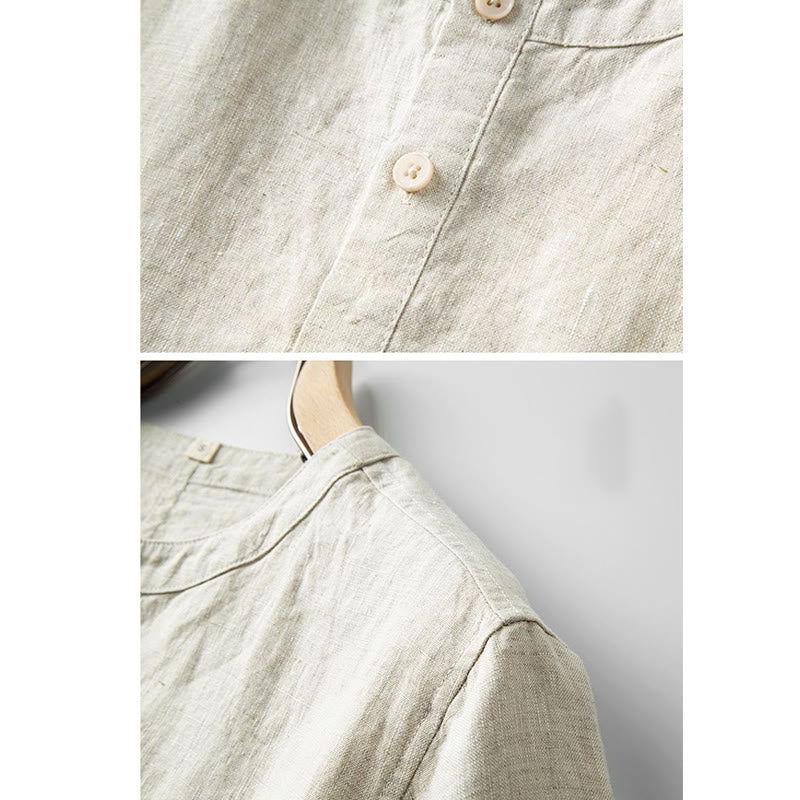 Buddha Stones Summer Men's Solid Color Button Short Sleeve Cotton Linen Shirt - image 2