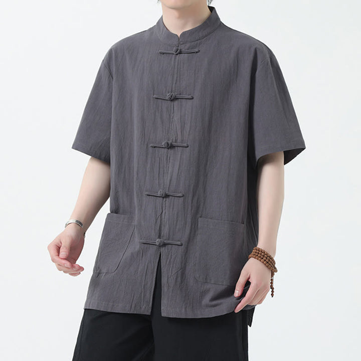 Buddha Stones Frog-Button Chinese Tang Suit Short Sleeve Shirt Linen Men Clothing With Pockets - Gray - US/UK/AU44，EU54 (5XL) - image 12