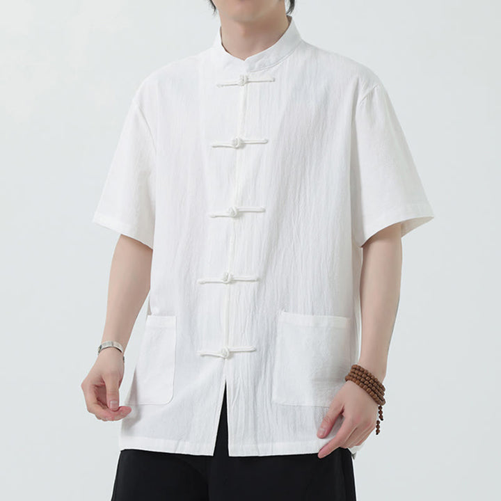 Buddha Stones Frog-Button Chinese Tang Suit Short Sleeve Shirt Linen Men Clothing With Pockets - White - US/UK/AU46，EU56 (5XL) - image 0
