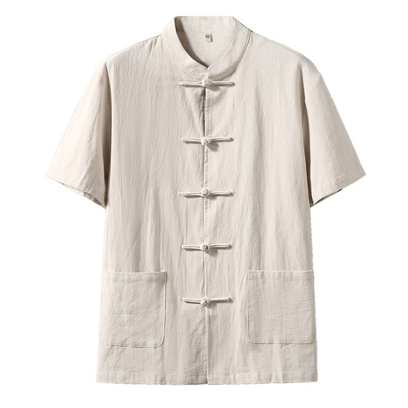 Buddha Stones Frog-Button Chinese Tang Suit Short Sleeve Shirt Linen Men Clothing With Pockets - Linen - US/UK/AU46，EU56 (5XL) - image 7