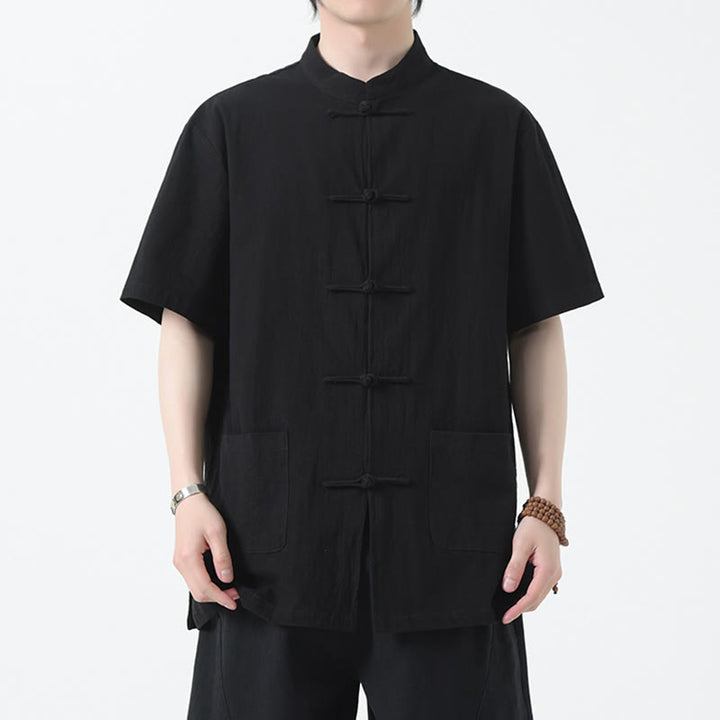 Buddha Stones Frog-Button Chinese Tang Suit Short Sleeve Shirt Linen Men Clothing With Pockets - Black - US/UK/AU46，EU56 (5XL) - image 3