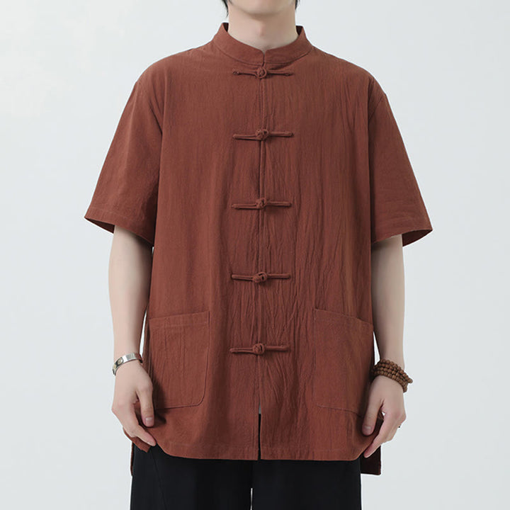 Buddha Stones Frog-Button Chinese Tang Suit Short Sleeve Shirt Linen Men Clothing With Pockets - Peru - US/UK/AU46，EU56 (5XL) - image 10