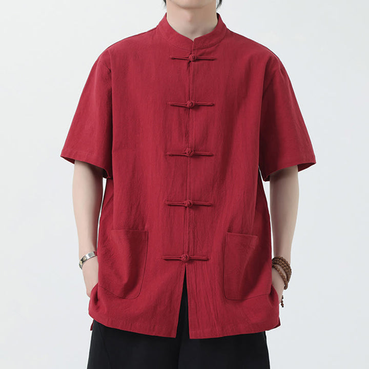 Buddha Stones Frog-Button Chinese Tang Suit Short Sleeve Shirt Linen Men Clothing With Pockets