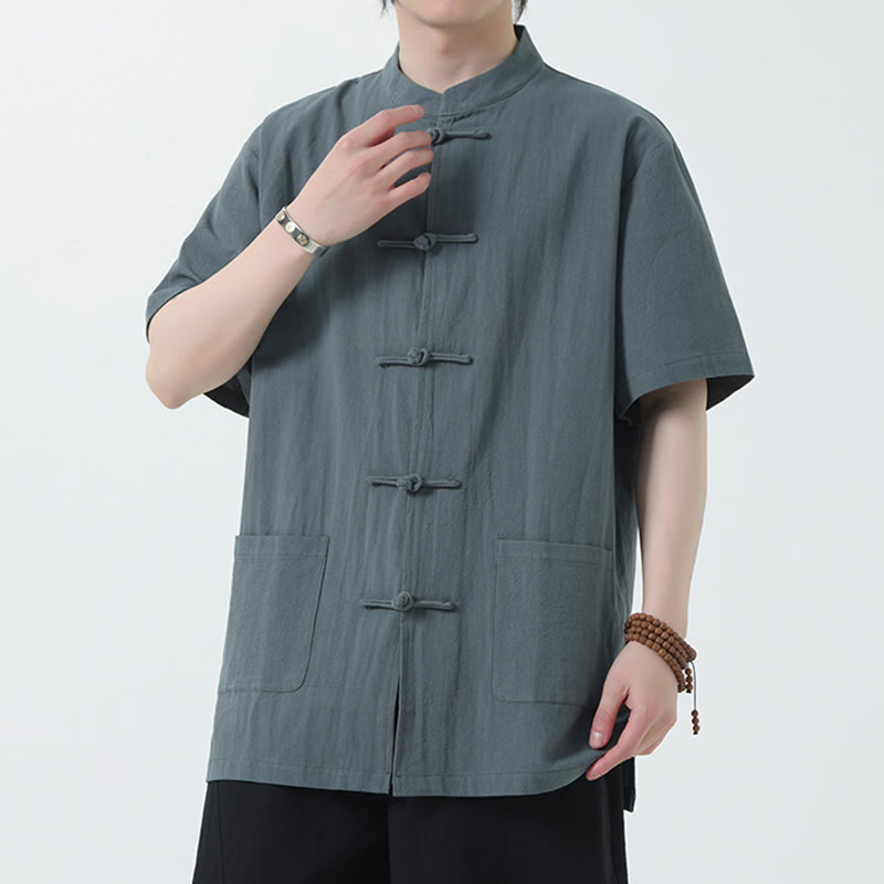 Buddha Stones Frog-Button Chinese Tang Suit Short Sleeve Shirt Linen Men Clothing With Pockets - LightSlateGray - US/UK/AU46，EU56 (5XL) - image 8