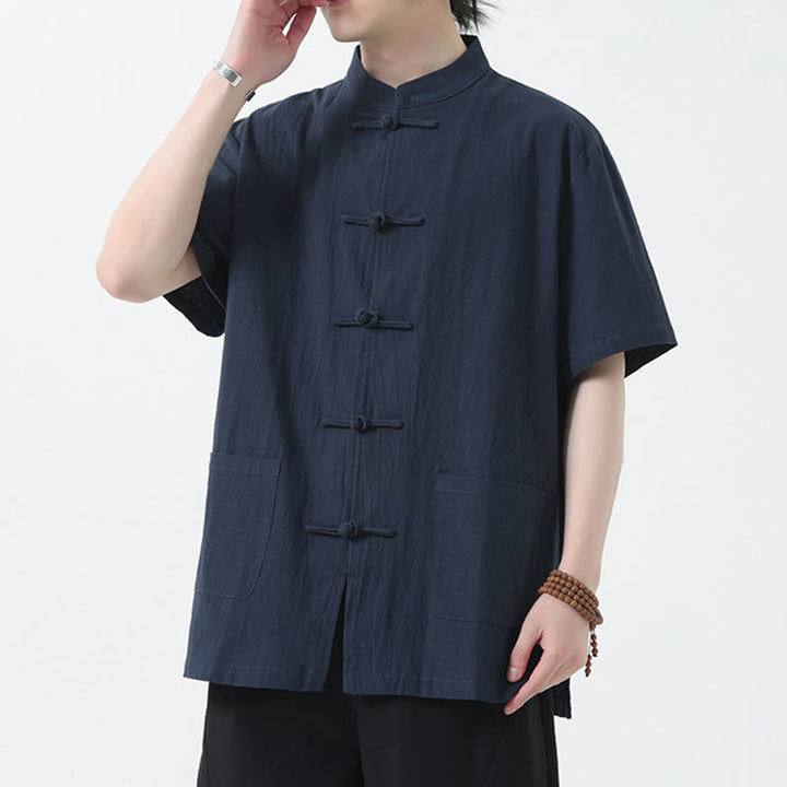 Buddha Stones Frog-Button Chinese Tang Suit Short Sleeve Shirt Linen Men Clothing With Pockets - SteelBlue - US/UK/AU46，EU56 (5XL) - image 11