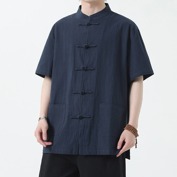 Buddha Stones Frog-Button Chinese Tang Suit Short Sleeve Shirt Linen Men Clothing With Pockets