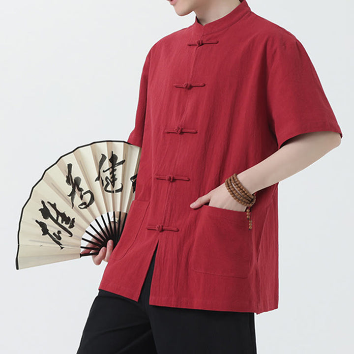 Buddha Stones Frog-Button Chinese Tang Suit Short Sleeve Shirt Linen Men Clothing With Pockets - image 2