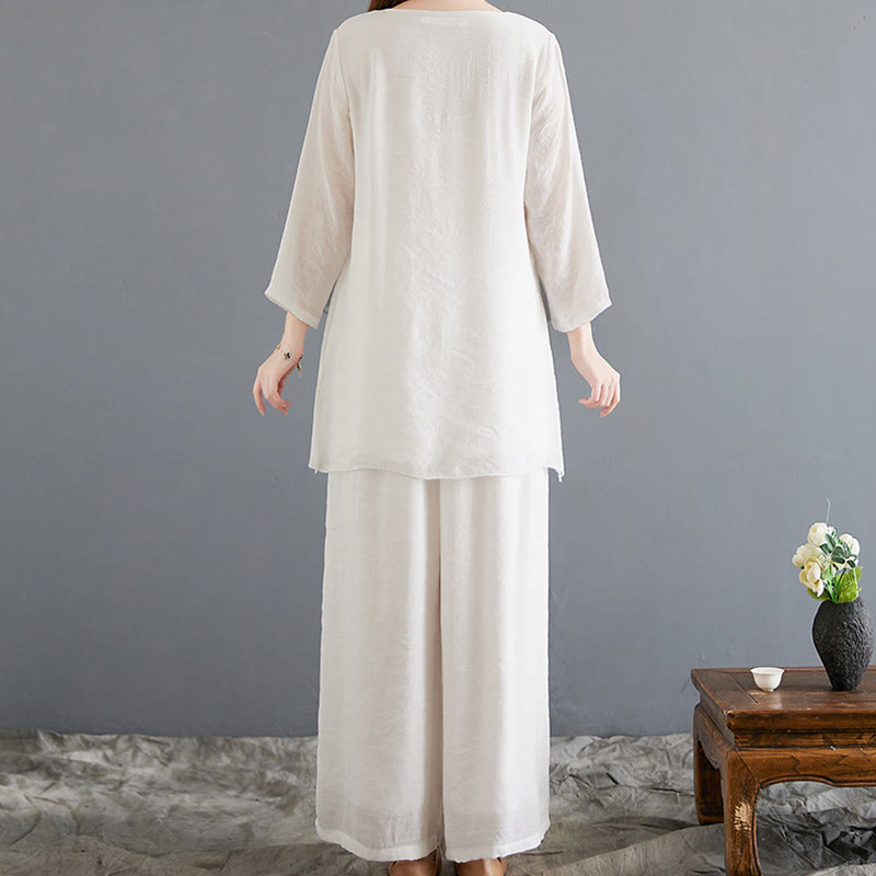 Buddha Stones 2Pcs Frog-Button Long Sleeve Shirt Wide Leg Pants Meditation Cotton Linen Clothing - image 3