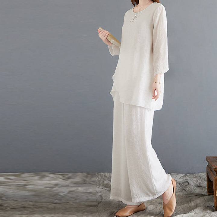 Buddha Stones 2Pcs Frog-Button Long Sleeve Shirt Wide Leg Pants Meditation Cotton Linen Clothing