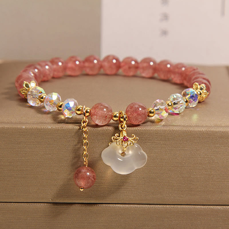 Buddha Stones Natural Strawberry Quartz Crystal White Agate Auspicious Cloud Healing Bracelet