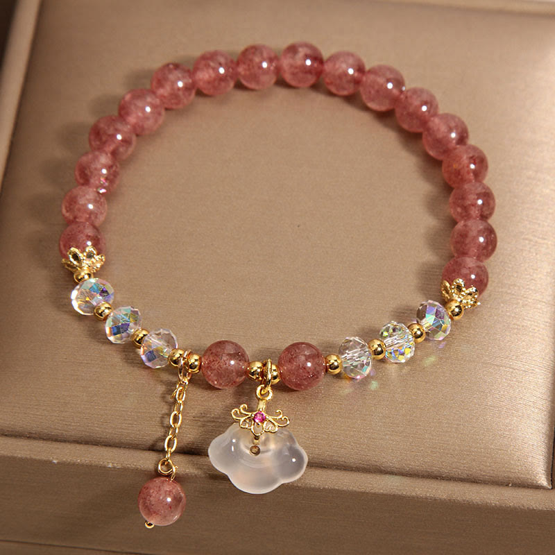 Buddha Stones Natural Strawberry Quartz Crystal White Agate Auspicious Cloud Healing Bracelet