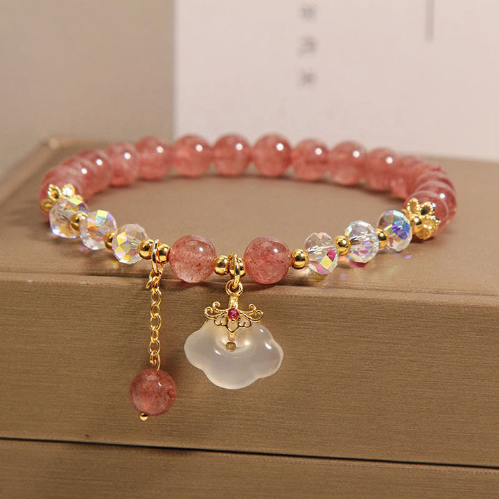 Buddha Stones Natural Strawberry Quartz Crystal White Agate Auspicious Cloud Healing Bracelet