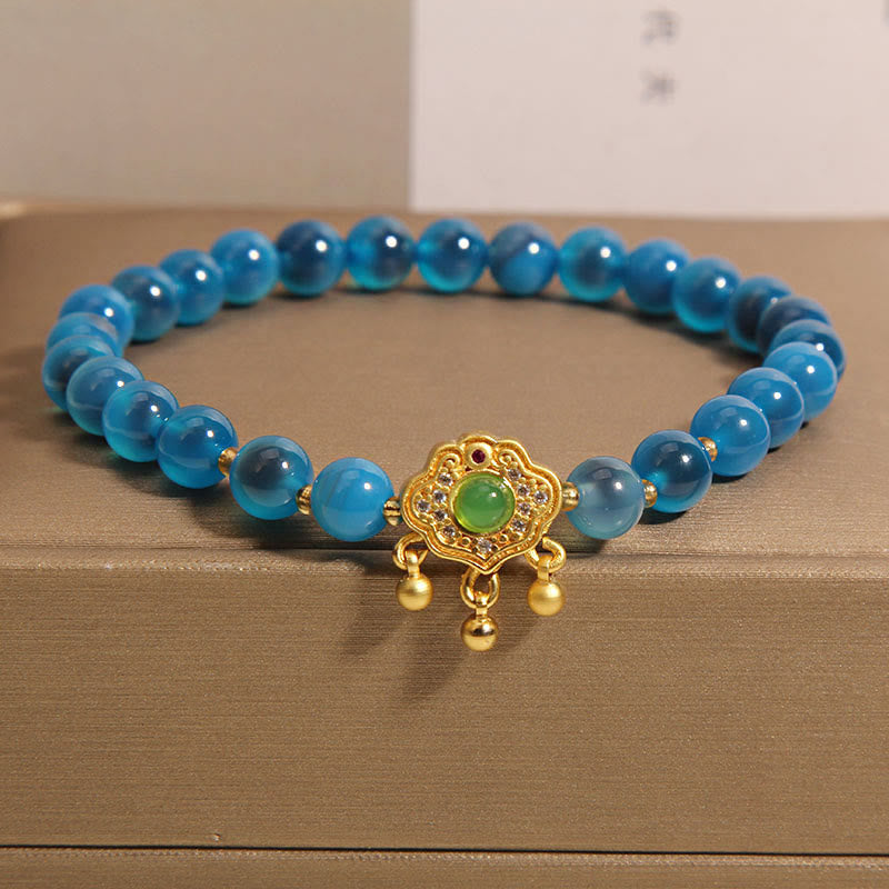 Buddha Stones Blue Candy Agate Chinese Lock Charm Healing Bracelet