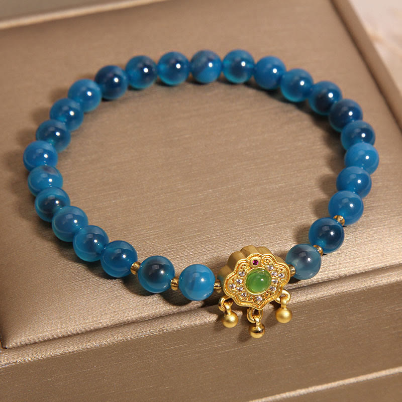 Buddha Stones Blue Candy Agate Chinese Lock Charm Healing Bracelet