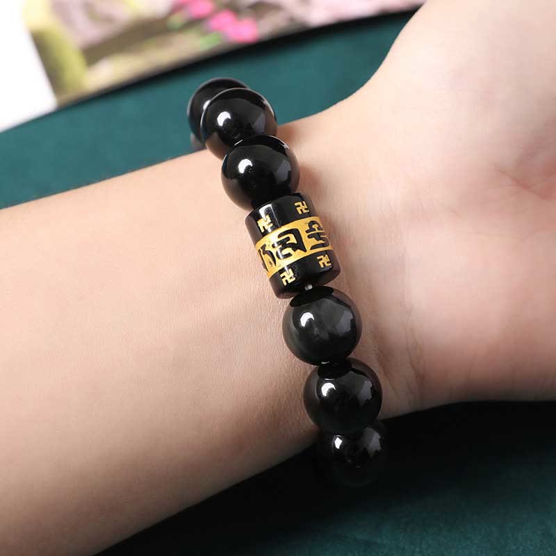 Buddha Stones Rainbow Obsidian Om Mani Padme Hum Swastika Positive Bracelet