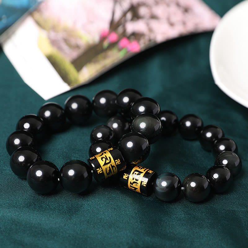 Buddha Stones Rainbow Obsidian Om Mani Padme Hum Swastika Positive Bracelet