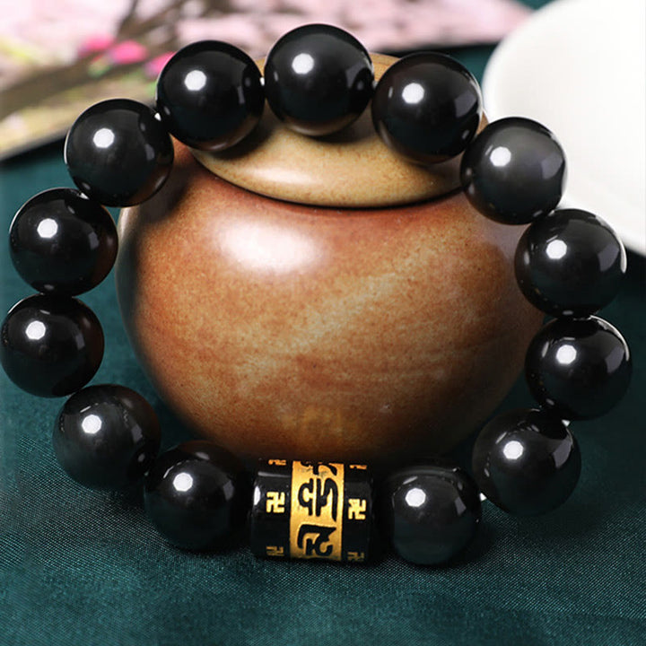 Buddha Stones Rainbow Obsidian Om Mani Padme Hum Swastika Positive Bracelet