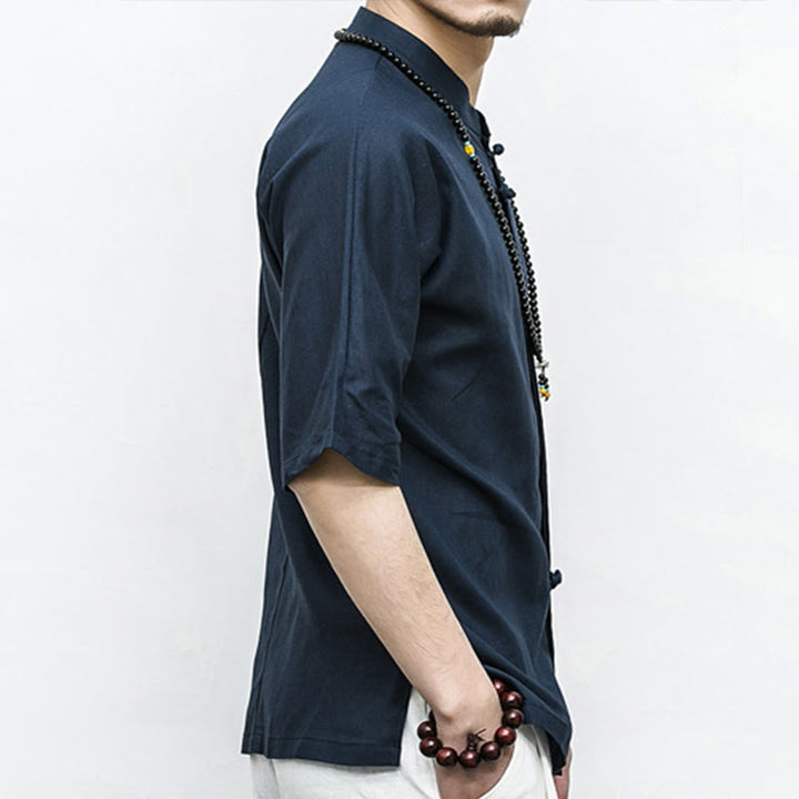 Buddha Stones Chinese Frog-Button Tang Suit Zen Half Sleeve Shirt Linen Men Clothing - image 3