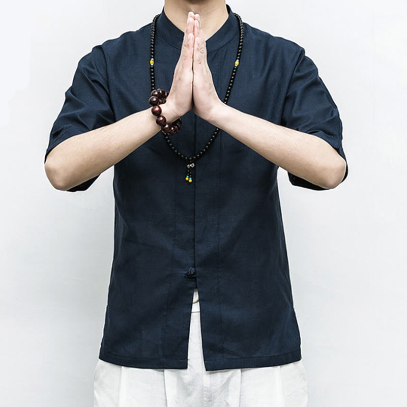 Buddha Stones Chinese Frog-Button Tang Suit Zen Half Sleeve Shirt Linen Men Clothing - image 2