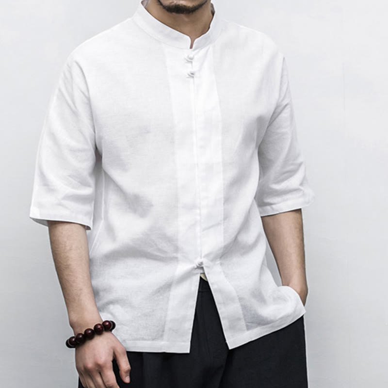 Buddha Stones Chinese Frog-Button Tang Suit Zen Half Sleeve Shirt Linen Men Clothing - image 8