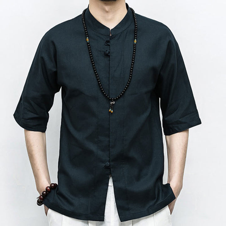 Buddha Stones Chinese Frog-Button Tang Suit Zen Half Sleeve Shirt Linen Men Clothing - Black - US/UK/AU46，EU56 (5XL)  - image 12