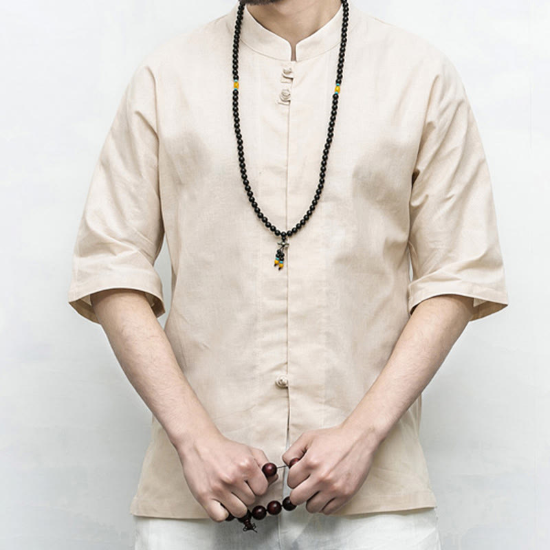 Buddha Stones Chinese Frog-Button Tang Suit Zen Half Sleeve Shirt Linen Men Clothing - image 18
