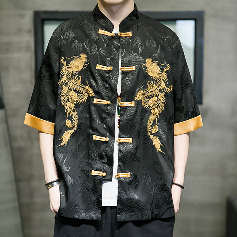 Buddha Stones Frog-Button Chinese Dragon Embroidery Half Sleeve Shirt Linen Men Clothing