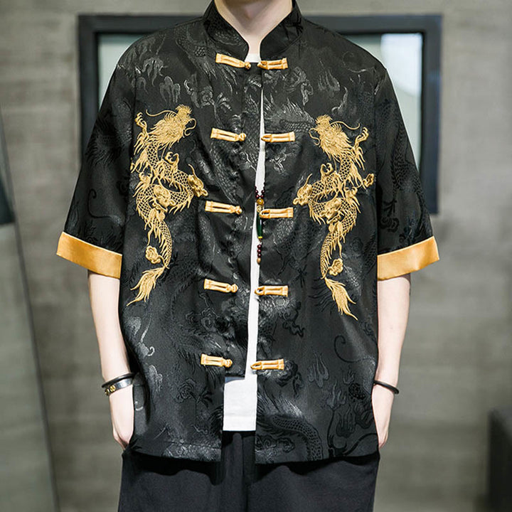 Buddha Stones Frog-Button Chinese Dragon Embroidery Half Sleeve Shirt Linen Men Clothing - image 5