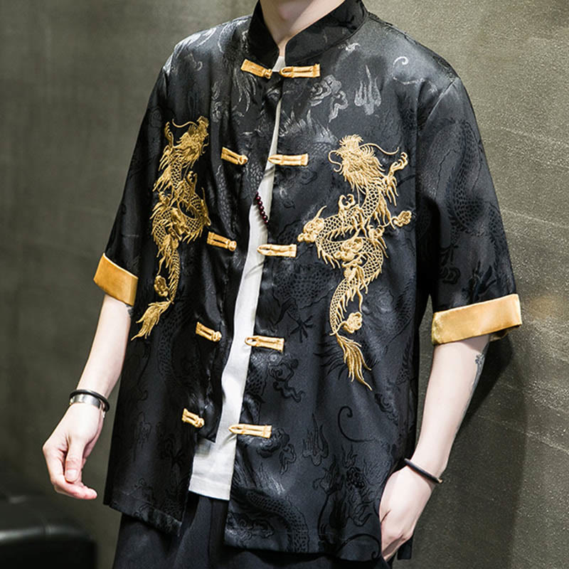 Buddha Stones Frog-Button Chinese Dragon Embroidery Half Sleeve Shirt Linen Men Clothing - image 3