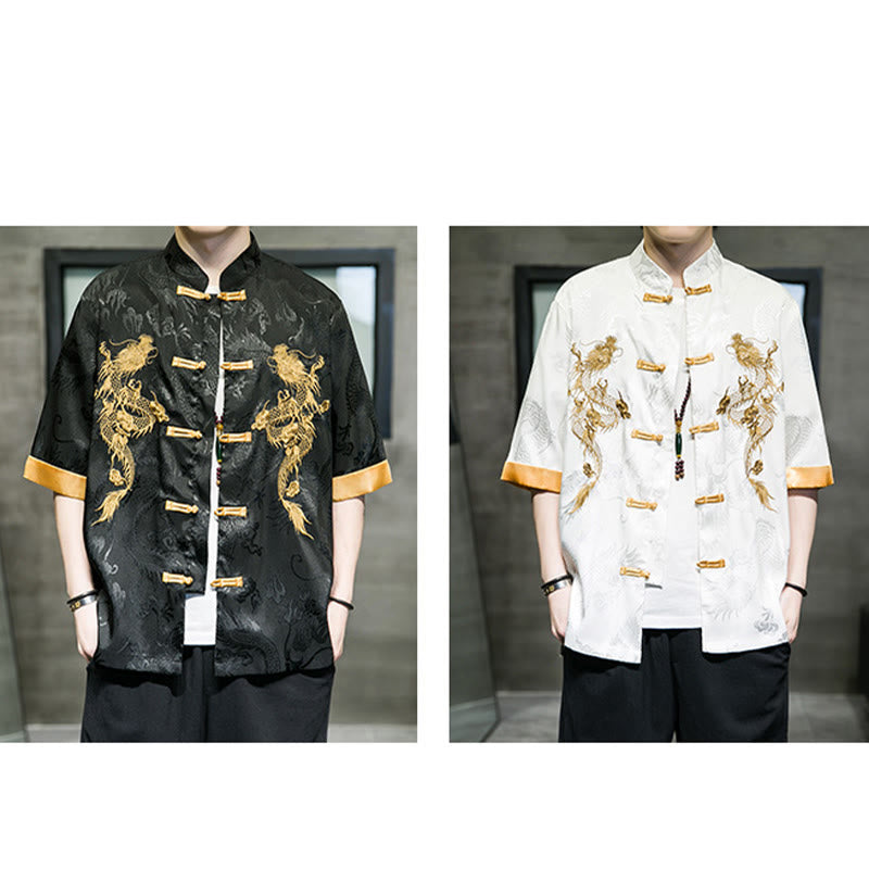 Buddha Stones Frog-Button Chinese Dragon Embroidery Half Sleeve Shirt Linen Men Clothing