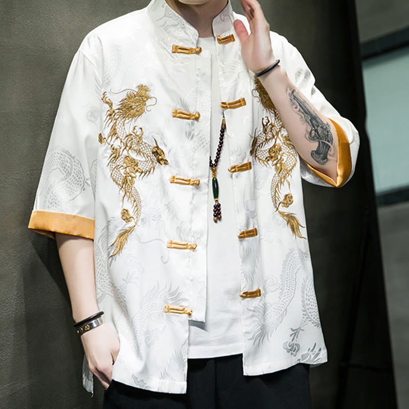 Buddha Stones Frog-Button Chinese Dragon Embroidery Half Sleeve Shirt Linen Men Clothing