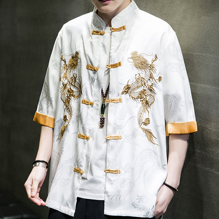 Buddha Stones Frog-Button Chinese Dragon Embroidery Half Sleeve Shirt Linen Men Clothing - image 18