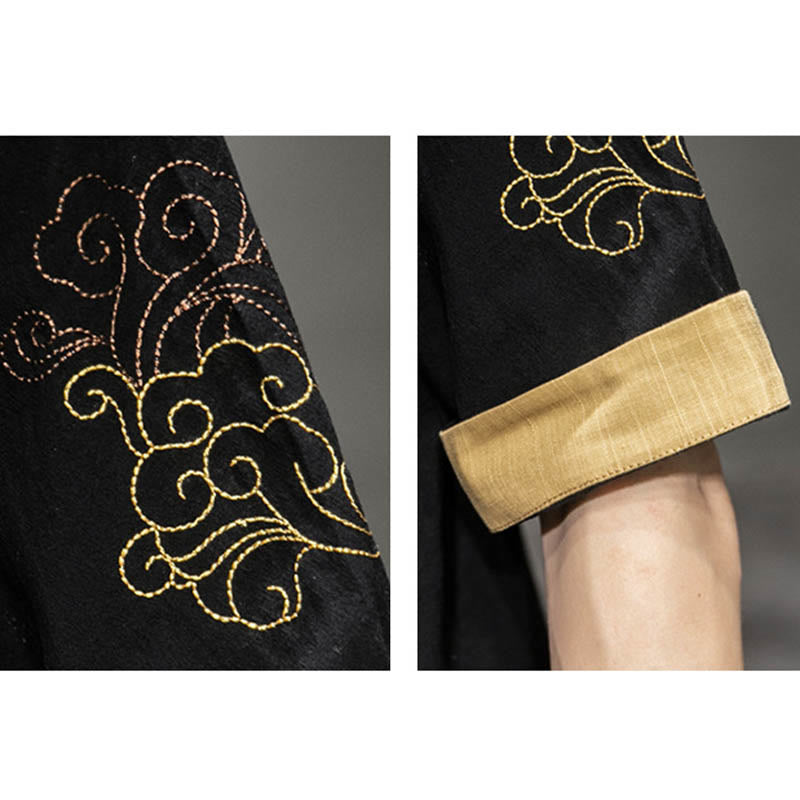 Buddha Stones Frog-Button Chinese Dragon Auspicious Cloud Embroidery Half Sleeve Shirt Cotton Linen Men Clothing - image 11