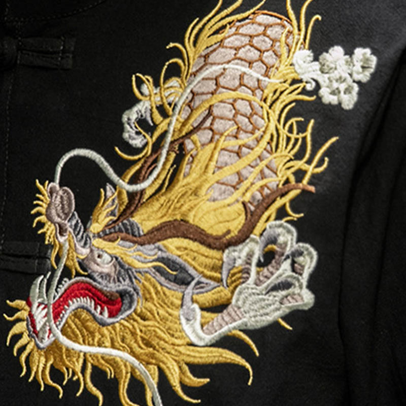 Buddha Stones Frog-Button Chinese Dragon Auspicious Cloud Embroidery Half Sleeve Shirt Cotton Linen Men Clothing