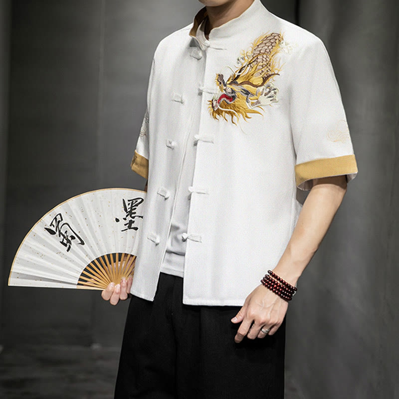 Buddha Stones Frog-Button Chinese Dragon Auspicious Cloud Embroidery Half Sleeve Shirt Cotton Linen Men Clothing - White - US/UK/AU44，EU54 (5XL)  - image 20