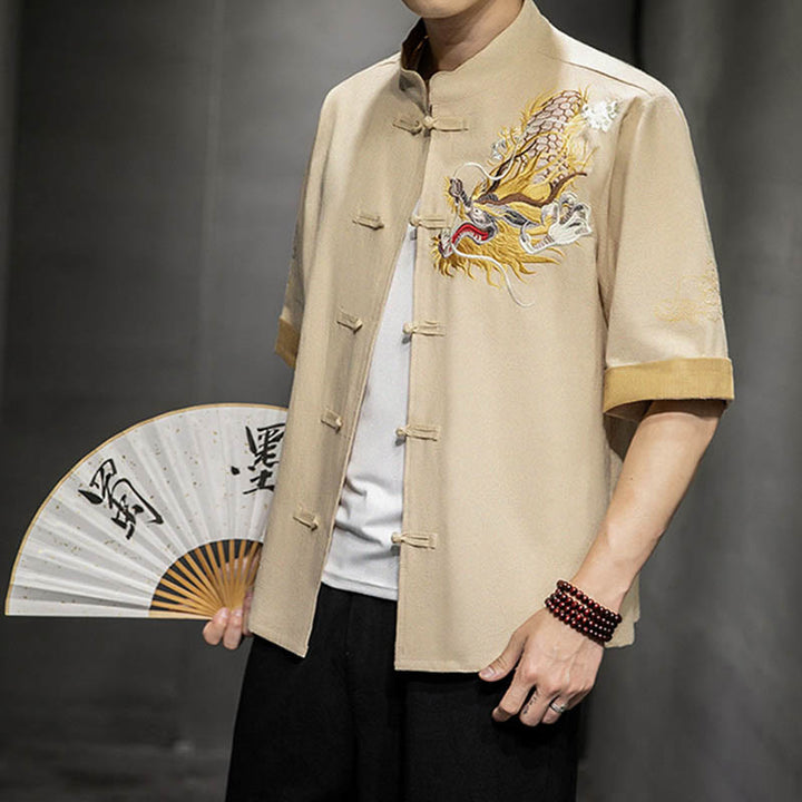 Buddha Stones Frog-Button Chinese Dragon Auspicious Cloud Embroidery Half Sleeve Shirt Cotton Linen Men Clothing - Linen - US/UK/AU44，EU54 (5XL)  - image 26